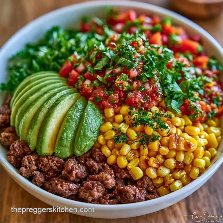 Vibrant ingredients arranged in a ceramic bowl with bright red salsa, lime wedges, and a dollop of cool cream.