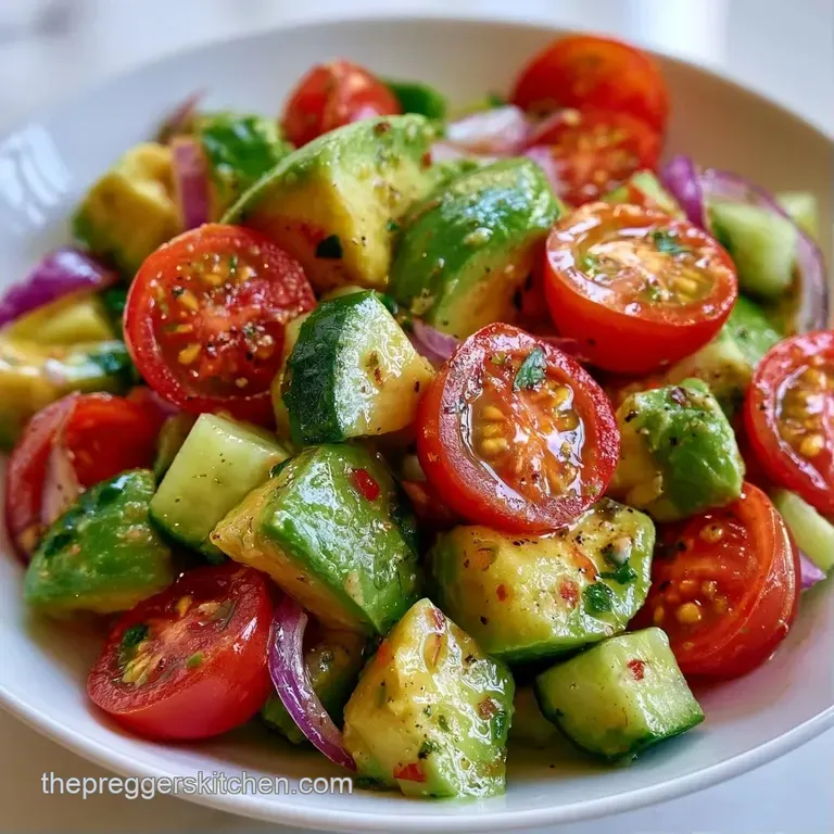 Vibrantly colored avocado and tomato salad arranged on a ceramic plate with a drizzle of lemon oil and cracked pepper.