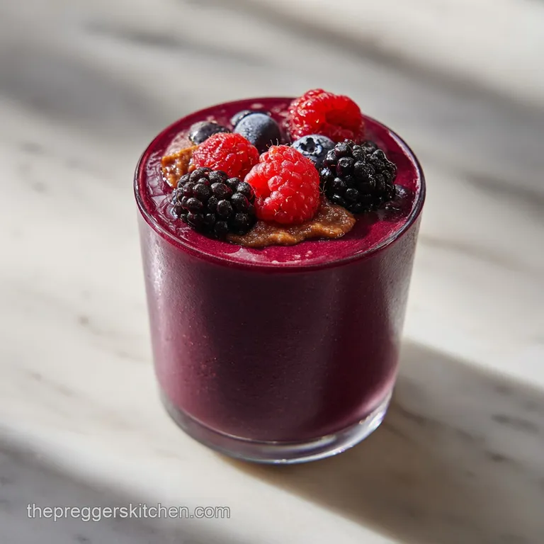 Thick purple smoothie in a chilled glass beside fresh berries and mint on a bright white marble countertop.