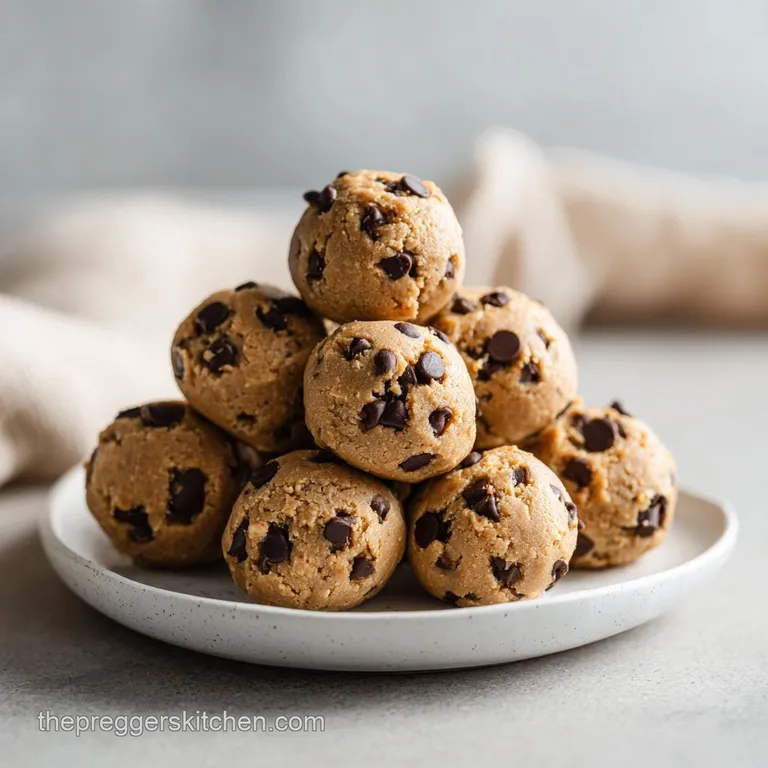 Small bowl filled with soft, tan-colored cookie dough bites, garnished with dark chocolate shavings, hinting at a decadent...