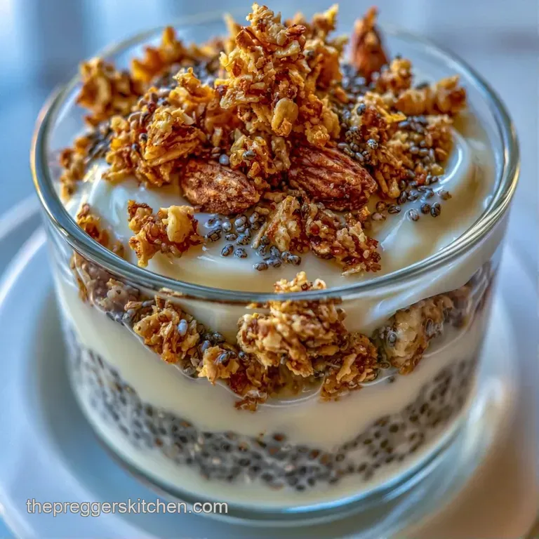 Elegant layers of creamy white yogurt and toasted grains in a tall glass, topped with a sprig of mint and berries.