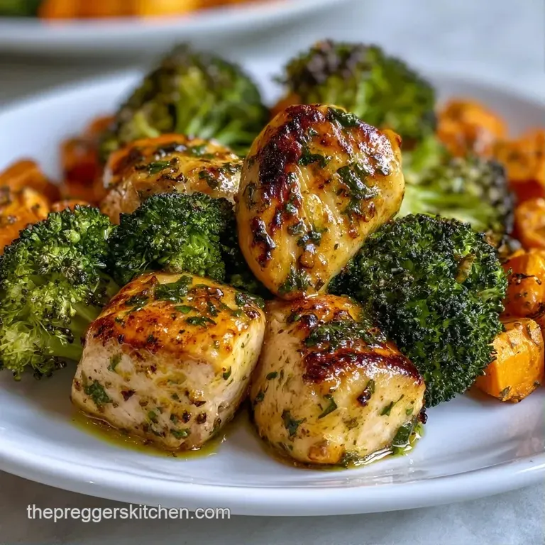 An elegant arrangement of juicy roasted chicken and colorful garden vegetables on a minimalist white ceramic dish.