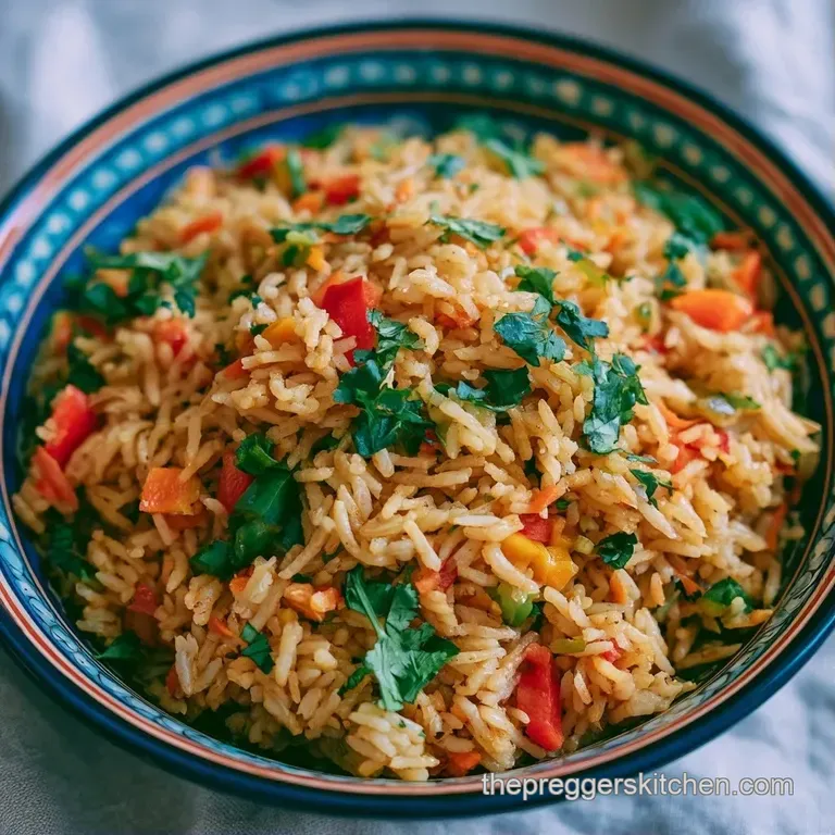 A mound of aromatic yellow rice topped with fresh mint and sliced carrots, served on a matte ceramic platter.