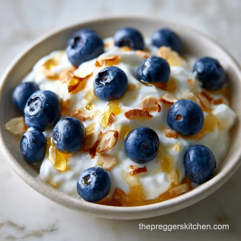 Thick white yogurt in a ceramic bowl, topped with arranged toasted almonds and fresh berries on a marble surface.
