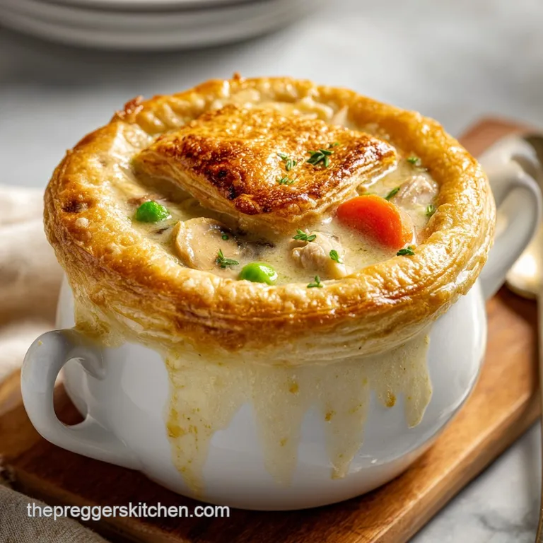A slice of savory chicken pot pie on a white plate, steam gently rising from the creamy filling and golden crust.