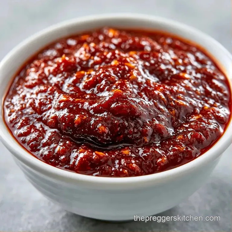 Deep red savory sauce in a white ramekin, garnished with a fresh cilantro sprig and a wedge of bright green lime.
