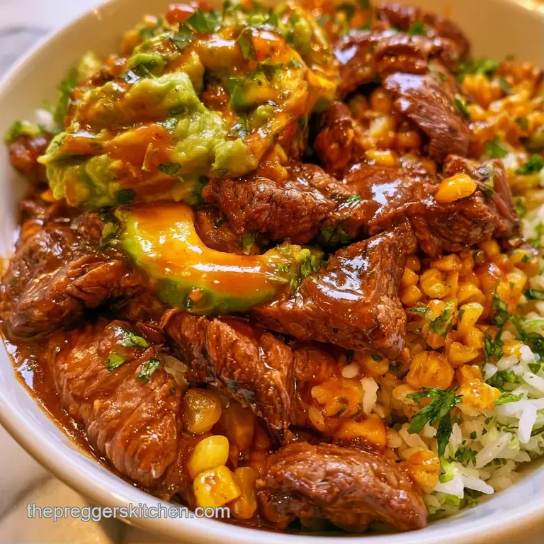 Vibrant arrangement of seasoned beef, corn, and black beans topped with a dollop of cream and fresh cilantro sprigs.