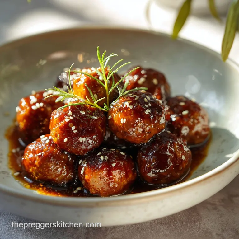 Golden glazed spheres arranged on a minimalist white plate, accented by bright green scallions and sesame seeds.