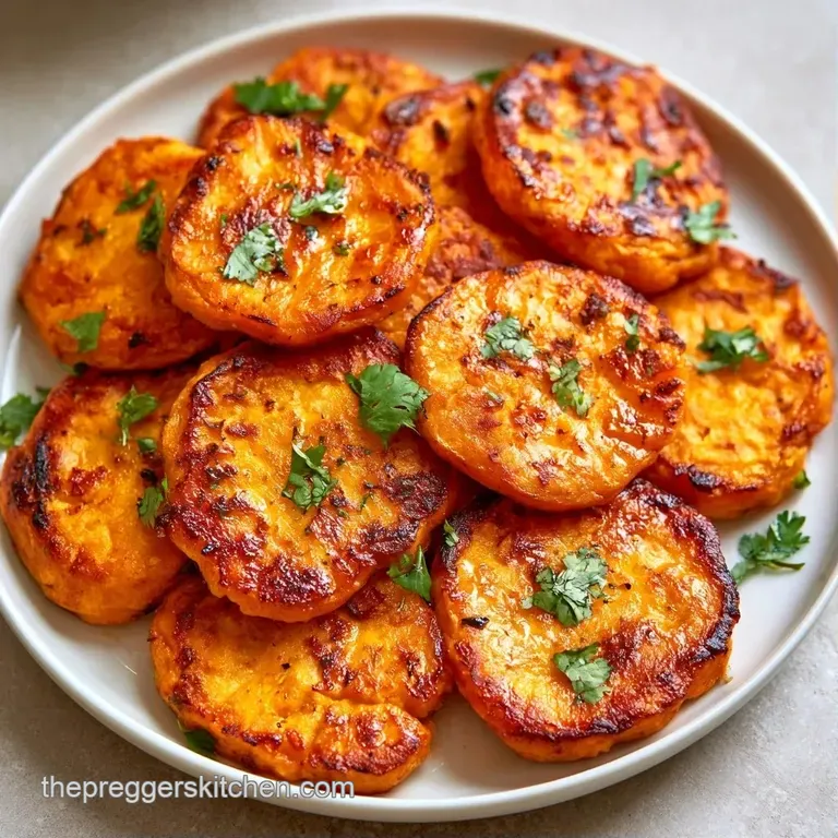 Three golden patties neatly stacked on a white platter, garnished with fresh cilantro and a drizzle of tamarind glaze.