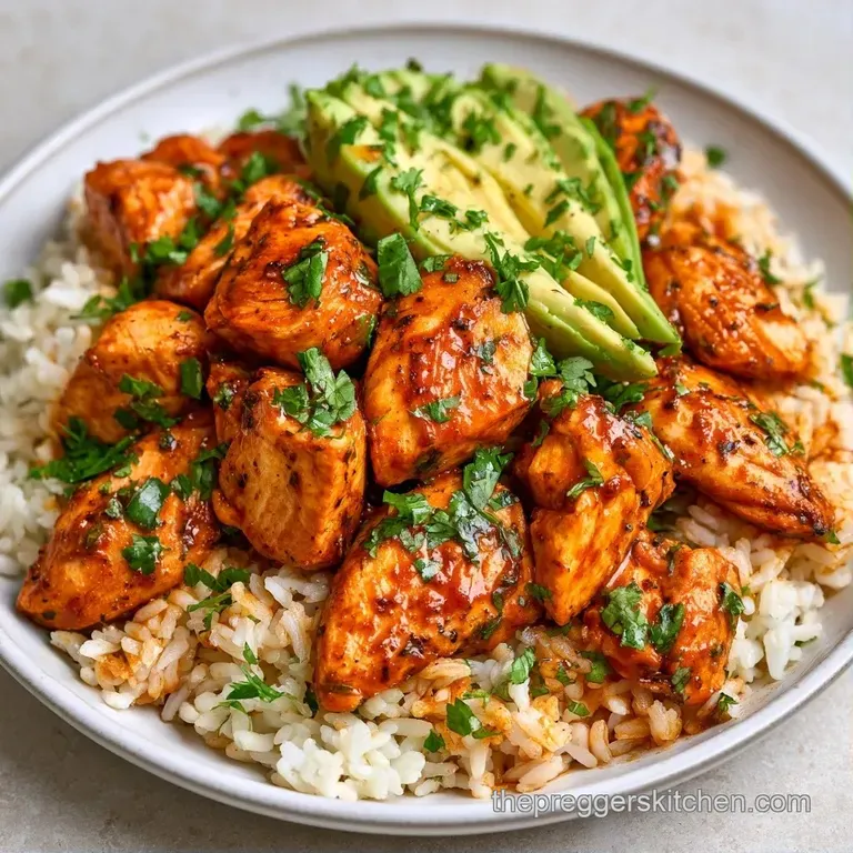 Colorful bowl of seasoned chicken, golden corn, and black beans topped with a dollop of cream and fresh cilantro.