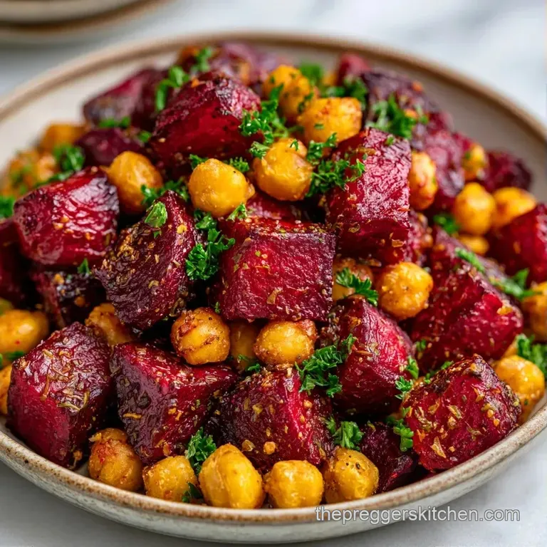 Elegantly plated bowl of earthy roasted beets and dark greens, topped with crunchy seeds and a creamy drizzle.