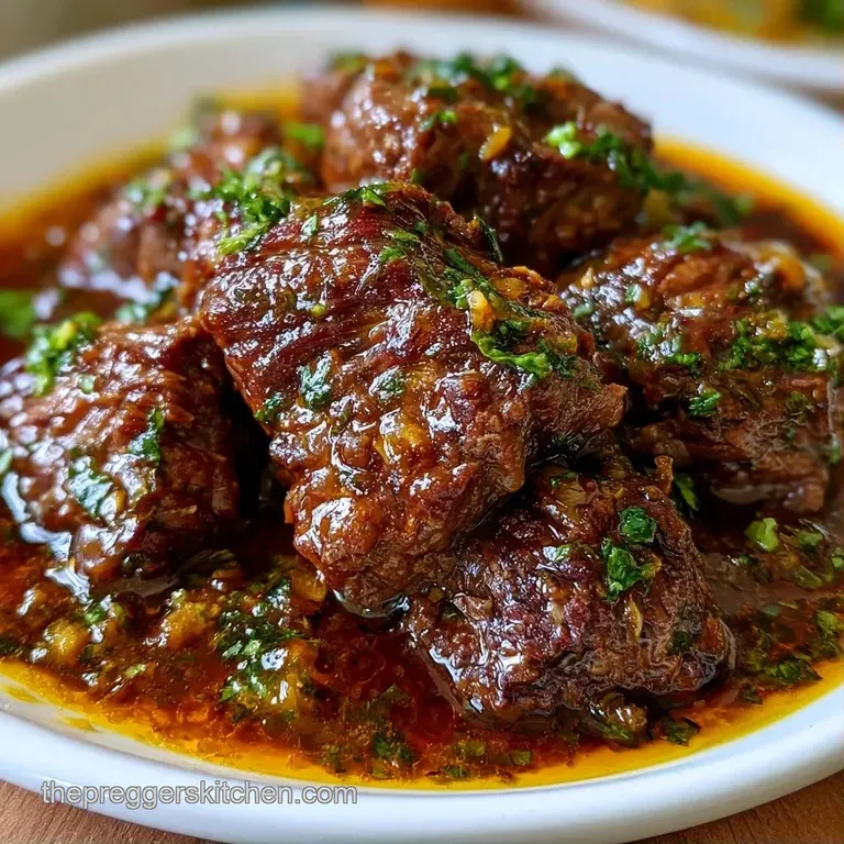 Steaming rustic ceramic bowl of chunky beef and root vegetables, garnished with a sprinkle of fresh green parsley.