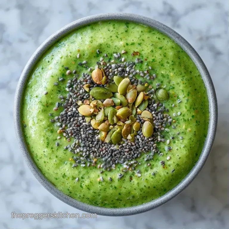 Chilled glass of bright green smoothie on a marble countertop beside fresh baby spinach and sliced bananas.