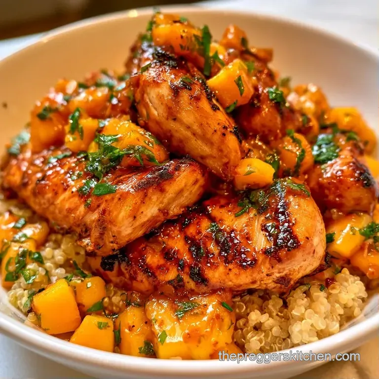 A colorful ceramic bowl filled with grilled chicken, diced mango, and fresh greens, drizzled with spicy red sauce.