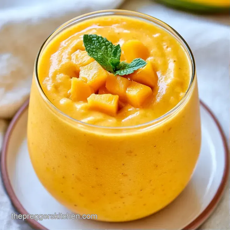 A tall glass of vibrant yellow liquid beside fresh mango cubes and ginger root on a white marble tabletop surface.