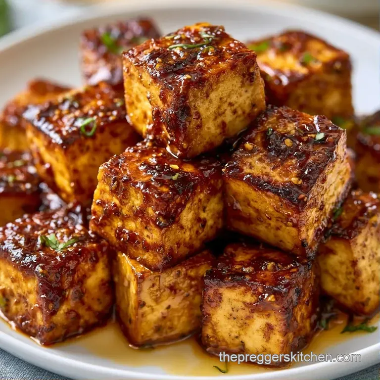 Glazed tofu cubes arranged on a ceramic platter, garnished with sliced scallions and toasted white sesame seeds.