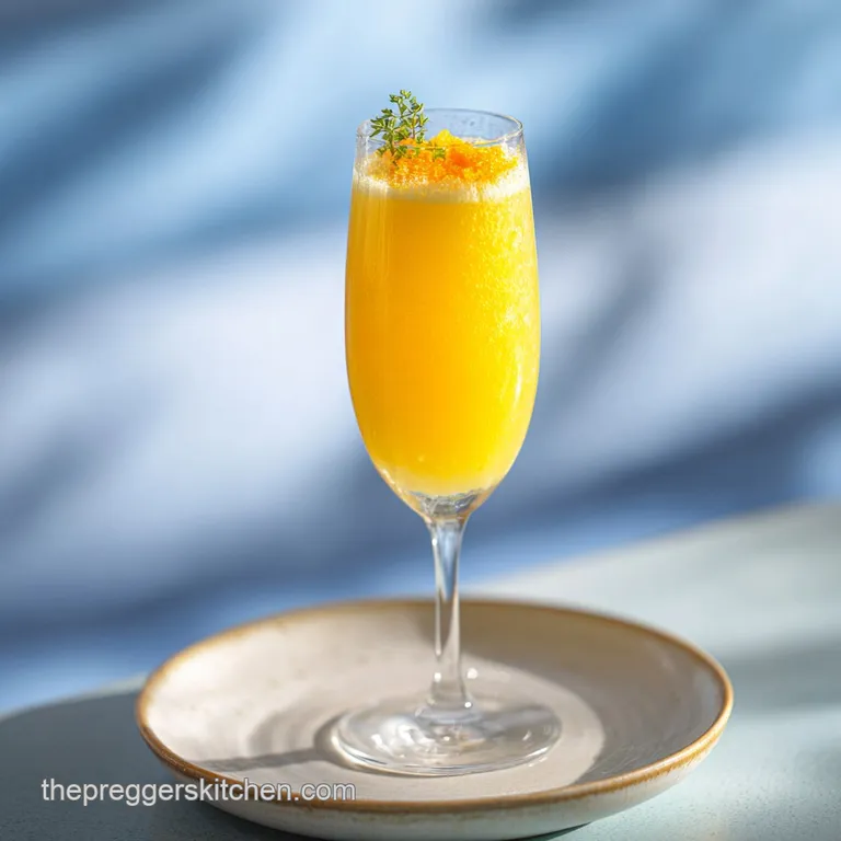 Elegant mimosa served in a champagne flute. Bubbles tickle the top. Garnished with a juicy orange wedge.