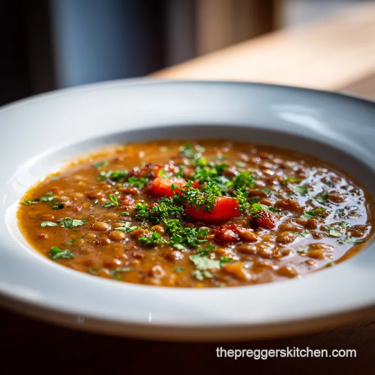A creamy bowl of lentil soup, garnished with a swirl of cream and delicate green herbs.