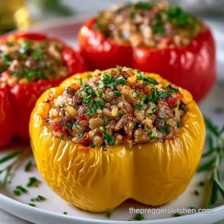 Vibrant red and yellow peppers resting on a clean white platter with a drizzle of sauce and fresh herb garnishes.