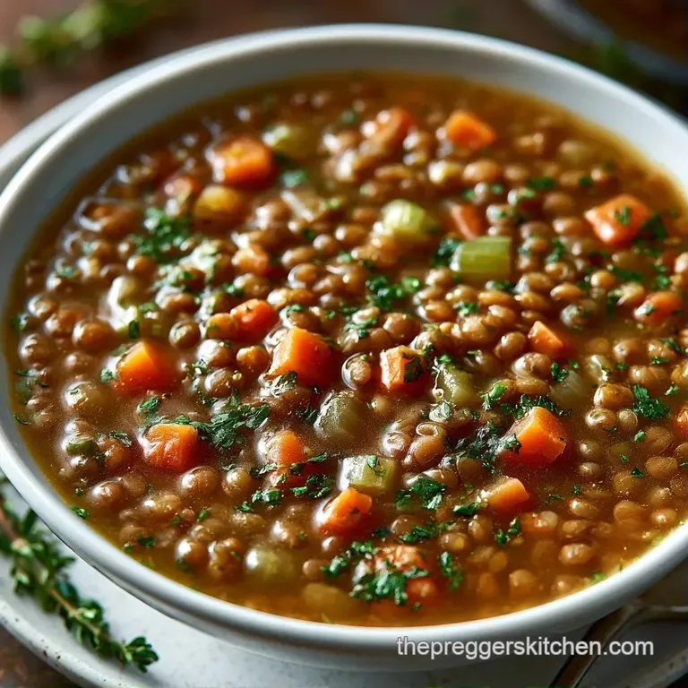 A white porcelain bowl of thick brown soup topped with a drizzle of olive oil and a crusty bread slice on the side.