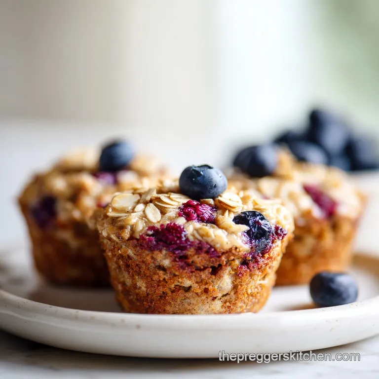 Baked oatmeal cup halved, showcasing a soft, moist interior filled with blueberries. Drizzled with honey, dusted with cinn...