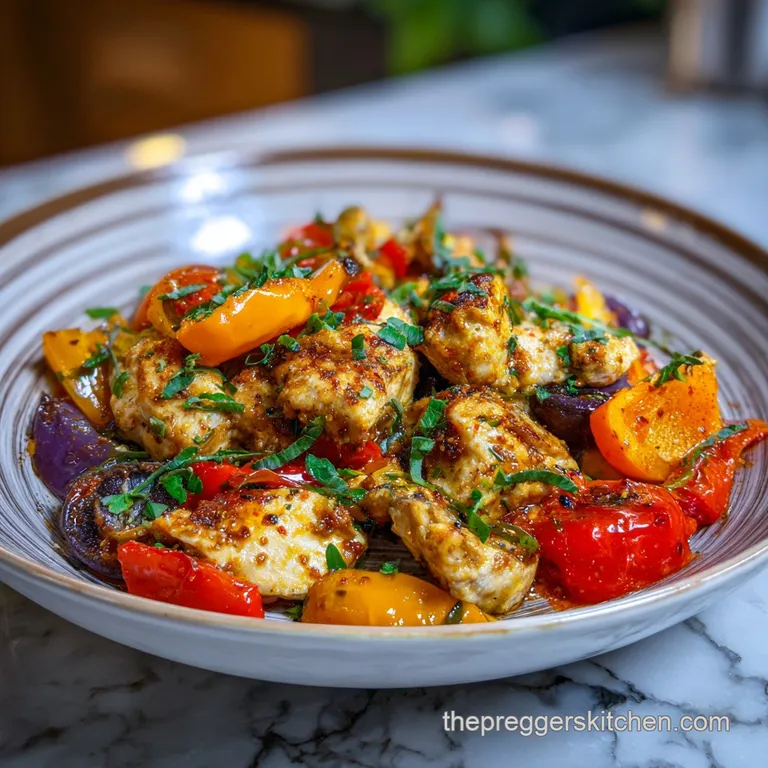 A vibrant plate of roasted chicken and vegetables, showcasing caramelized edges and herbs, hints of steam suggest a hot, s...