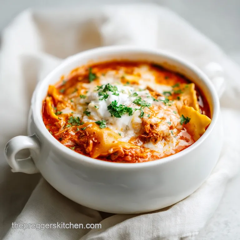 A comforting bowl of lasagna soup, swirls of creamy sauce and savory meat, garnished with basil.