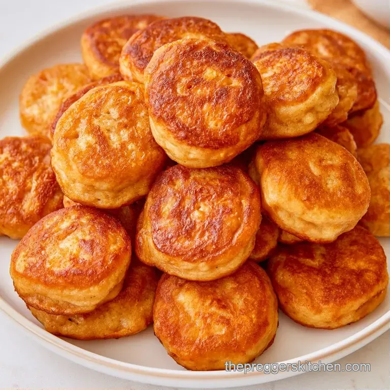 Tiny, golden-brown circles of fluffy cake neatly stacked on a light wood board with colorful fruit garnishes.