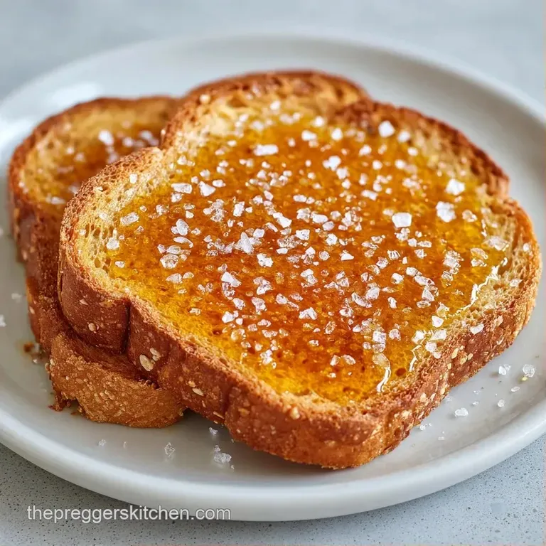 Perfectly browned toast slices arranged on a matte grey plate with a side of shimmering, melted salted butter.
