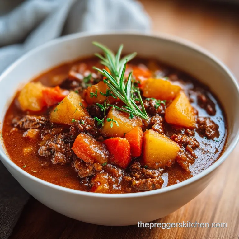 A spoonful of deeply colored stew glistens, filled with soft carrots, and herbs. Hints of steam create a comforting visual.