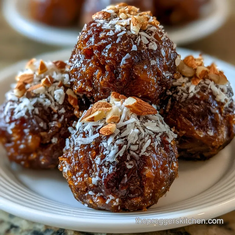 A cluster of chewy brown energy balls on a marble slab, garnished with whole almonds and a dusting of cinnamon.