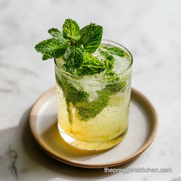 Tall crystal glass filled with a pale peach drink, topped with a sprig of mint and a fresh raspberry on a white table.