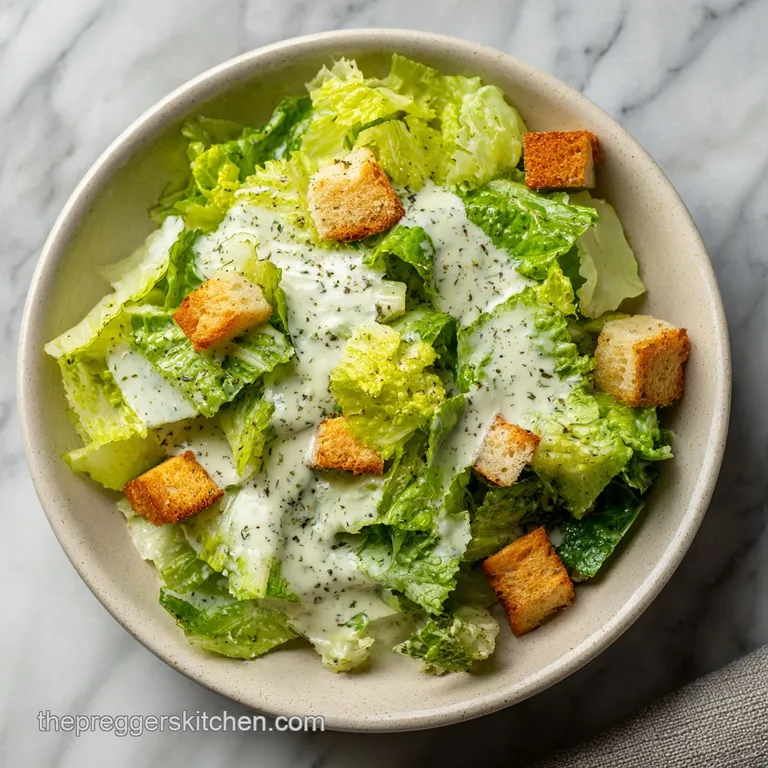 Vibrant green romaine lettuce leaves glistening with creamy dressing, topped with shaved parmesan and coarse black pepper.