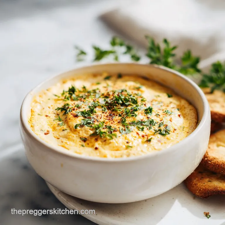 Elegant cheese dip served in a rustic bowl, garnished with fresh parsley, alongside crisp crudit&eacute;s and golden crackers on ...