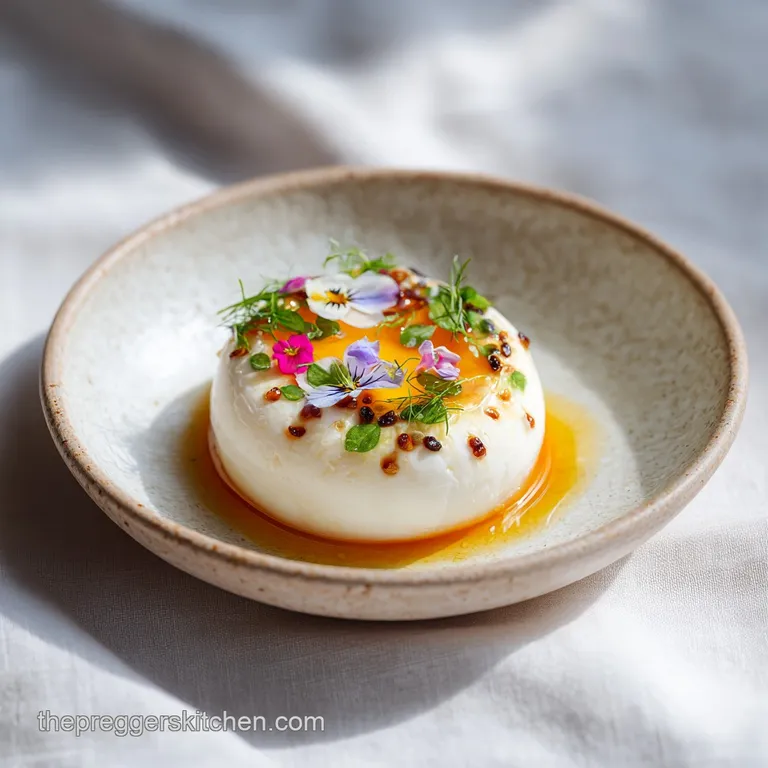 Elegant dish with vibrant orange 'egg' yolk on a spoon. Bright spring colors evoke freshness and nourishment. Tasteful pla...