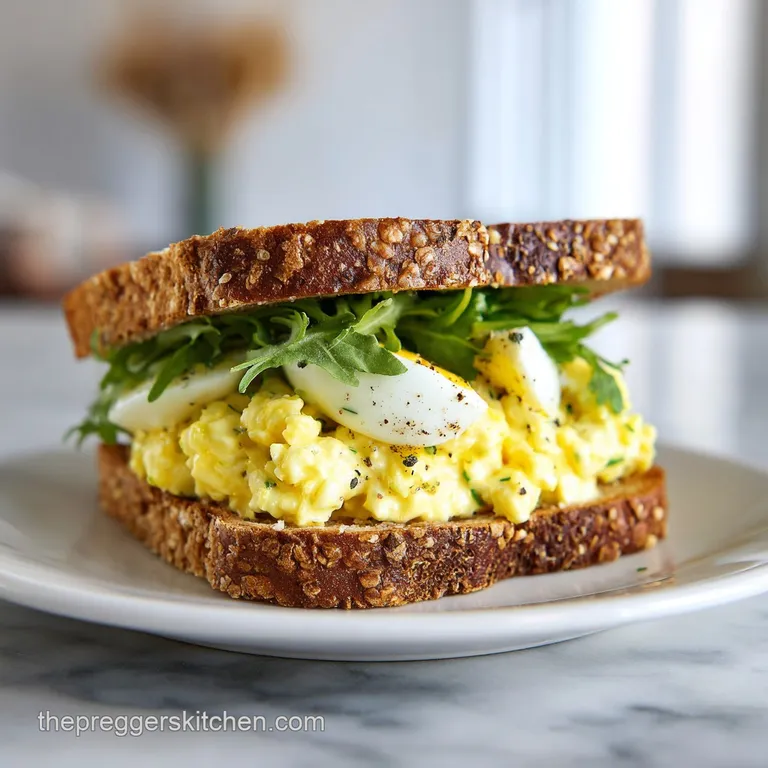 Classic egg salad sandwich halves, light & fluffy, artfully arranged on a plate. Garnish of parsley sprigs add color.