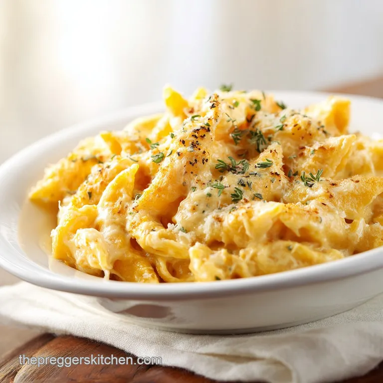 A steaming portion of cheesy pasta spirals, punctuated with colorful veggies, artfully arranged in a white bowl on a clean...