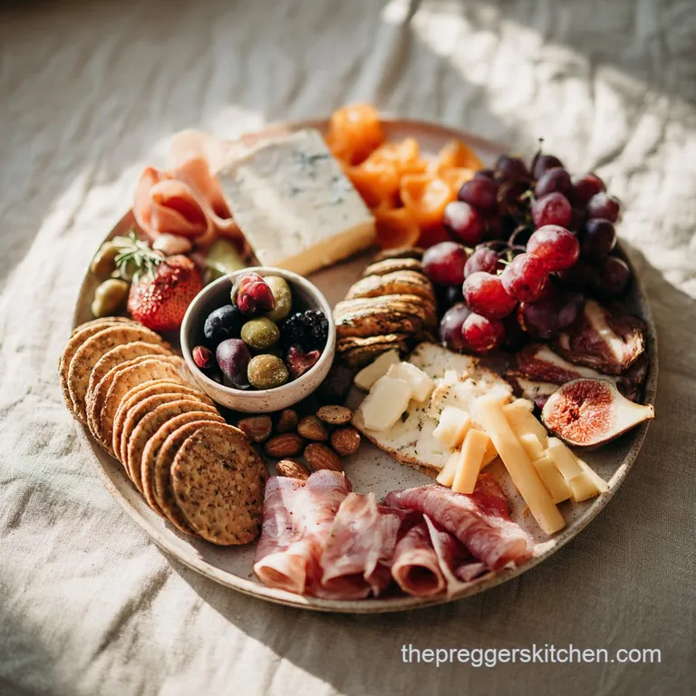 Close-up of a wooden board with a curated selection of cheese, prosciutto, and bright, juicy berries arranged beautifully.
