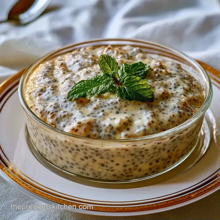 Elegant layers of thick white yogurt and speckled seeds in a clear glass, garnished with sliced almonds and mint.