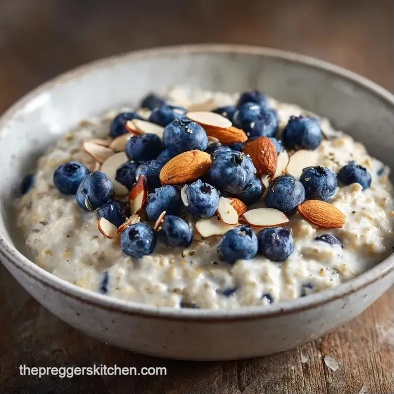 A chilled glass jar layered with creamy white oats, purple berry swirls, and a crown of glossy fresh berries.