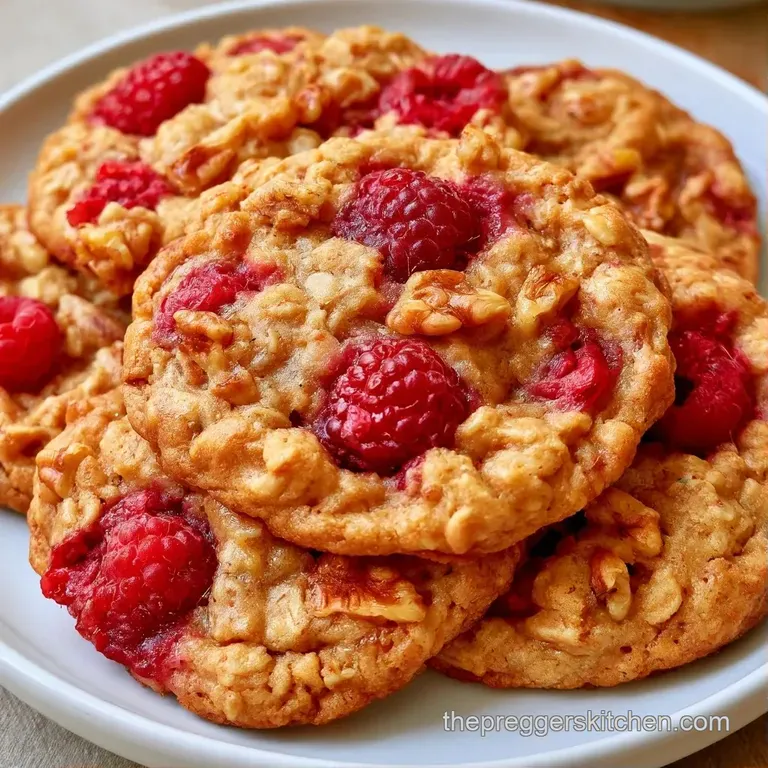 A neat stack of soft, golden cookies on a white ceramic plate, garnished with fresh raspberries and banana slices.