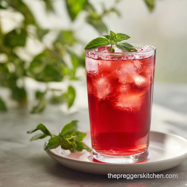 Four glasses of iced tea, garnished with raspberries and mint. Light dances on the condensation, promising a refreshing dr...
