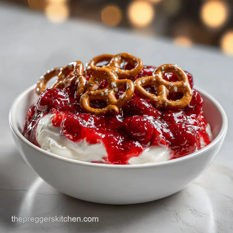 Neat square slice featuring a toasted pretzel base, smooth white cream, and a vibrant, glossy raspberry layer.