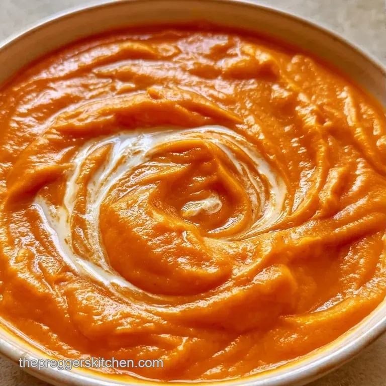 A shallow ceramic bowl of velvety orange soup garnished with toasted pumpkin seeds and a drizzle of olive oil.