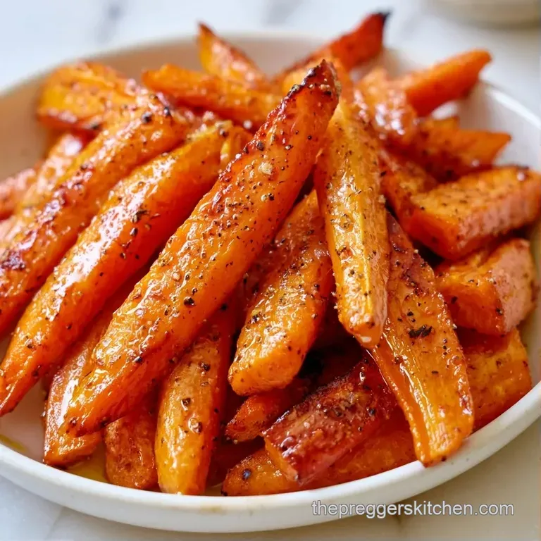 Neatly stacked orange root vegetables drizzled with oil and sprinkled with fresh green parsley on a dark slate.