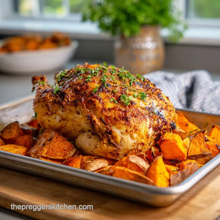 Plated roasted chicken with crispy skin, nestled with vibrant mixed vegetables, glistening with herbs and natural juices.