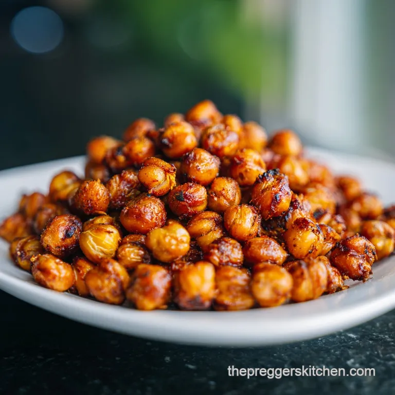 Pile of spiced and roasted chickpeas in a small ceramic bowl, highlighting vibrant colors and inviting savory aroma, garni...