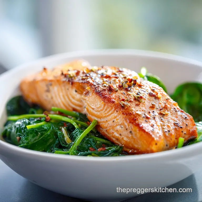 A beautifully arranged plate features a tender salmon portion beside a mound of bright green, saut&eacute;ed spinach.
