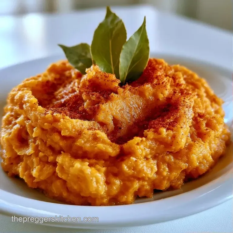 A smooth swirl of bright orange mash on a white plate, garnished with a sprig of thyme and a drizzle of brown butter.