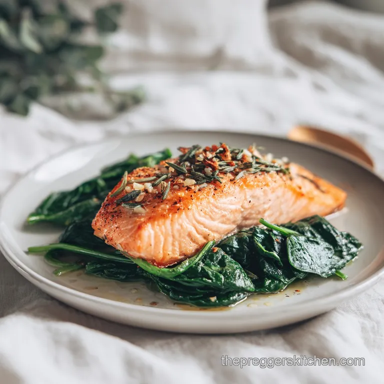 A perfectly cooked salmon portion rests on wilted spinach beside a lemon wedge on a white plate.